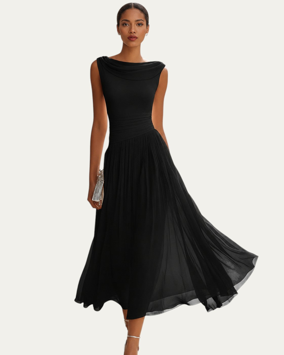 Vestido midi negro sin mangas con escote barco y falda plisada en caída suelta