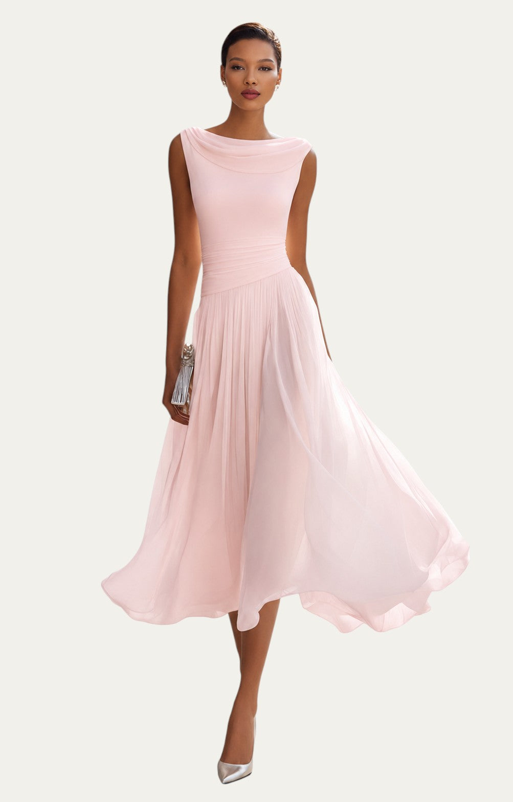 Vestido midi rosa claro sin mangas con escote barco y falda plisada con vuelo