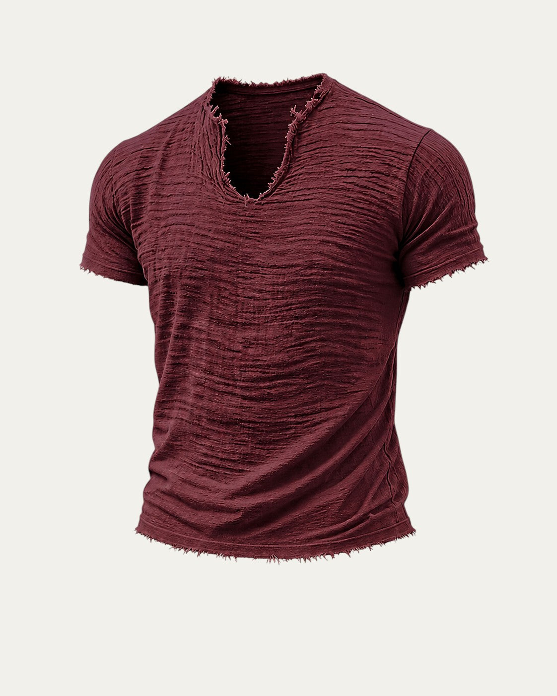 Camiseta vintage borgoña de manga corta con cuello en V y acabado desgastado