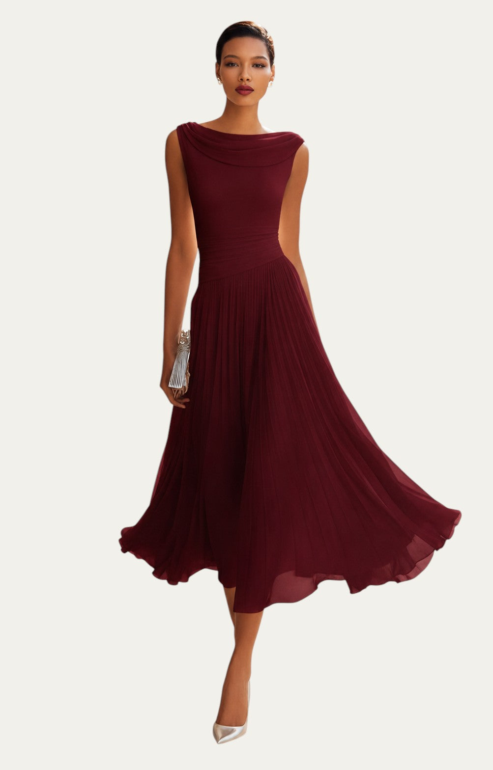 Vestido midi burdeos sin mangas con escote barco y falda plisada con vuelo