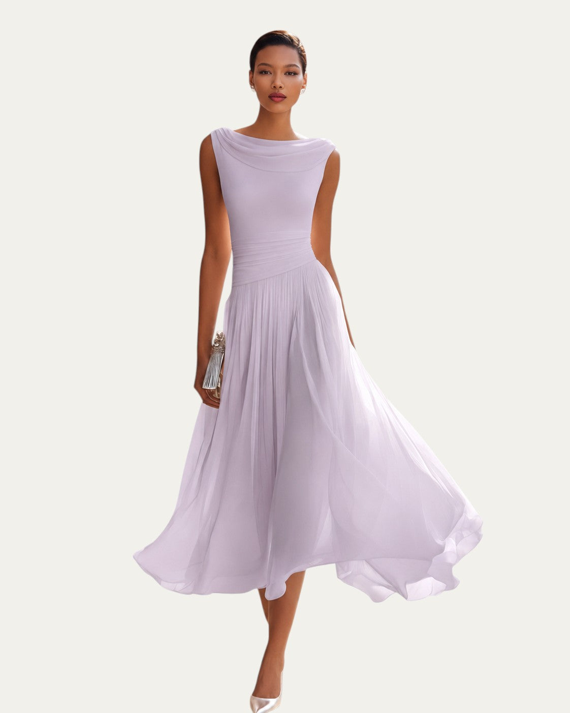 Vestido midi lila claro sin mangas con escote barco y falda plisada con vuelo