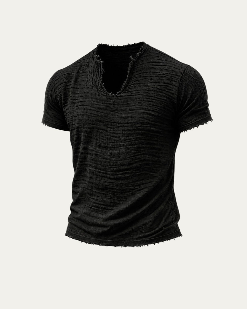 Camiseta vintage negra de manga corta con cuello en V y acabado desgastado
