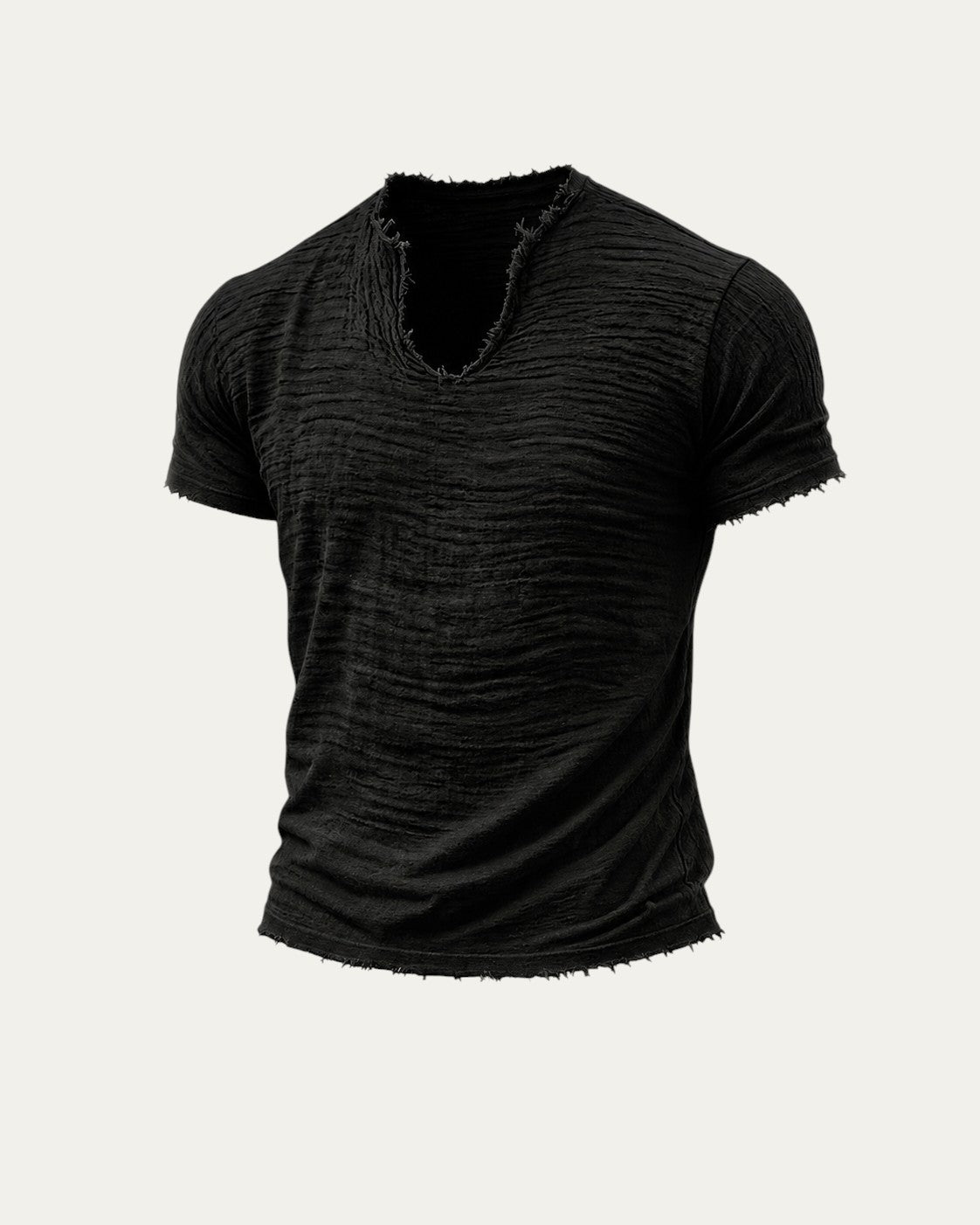 Camiseta vintage negra de manga corta con cuello en V y acabado desgastado