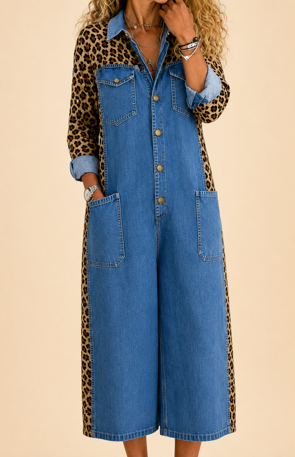 Mono vaquero azul de botones con petos delanteros y estampado leopardo en laterales