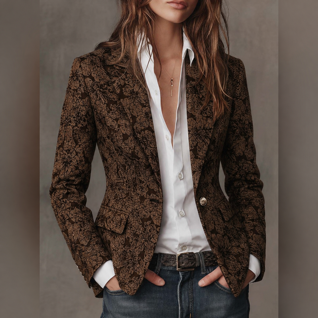Blazer de jacquard marrón oscuro con solapa y ribete, botones metálicos