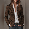 Blazer de jacquard marrón oscuro con solapa y ribete, botones metálicos
