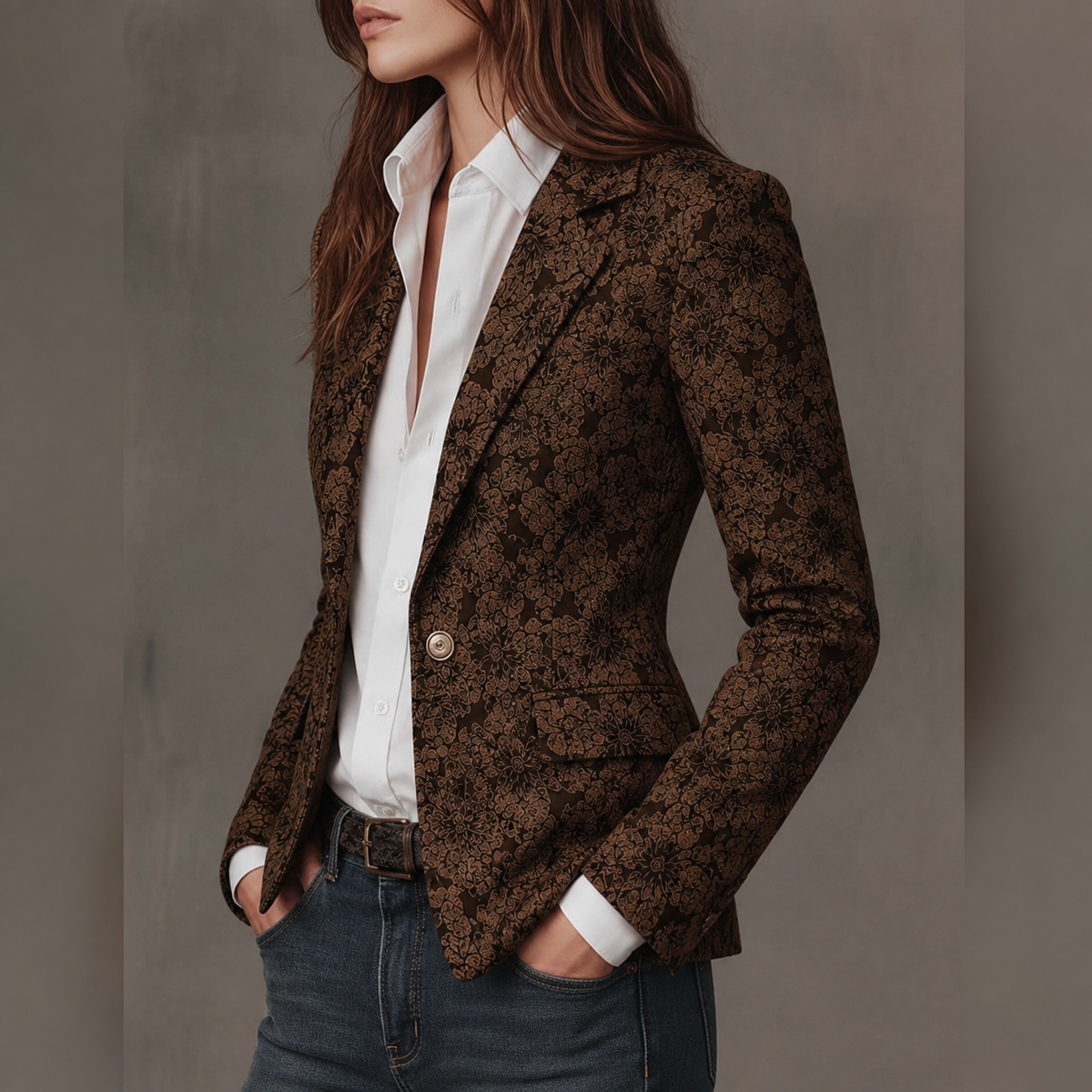 Blazer de jacquard marrón con solapa, bolsillos ribeteados y botón