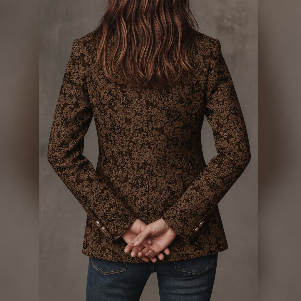 Blazer de jacquard marrón oscuro con diseño floral, vista trasera con botones
