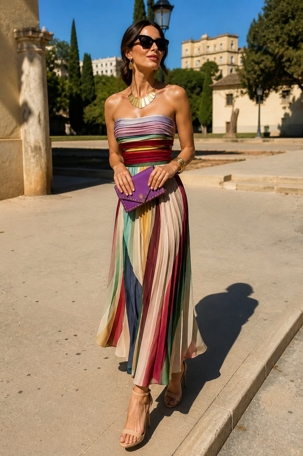 Vestido largo elegante con tirantes finos y estampado de rayas multicolor verticales