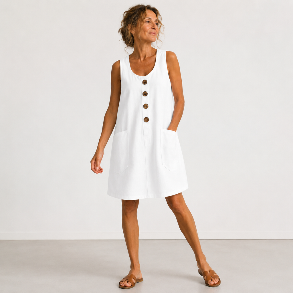 Vestido de algodón y lino sin mangas blanco con botones de madera y bolsillos laterales