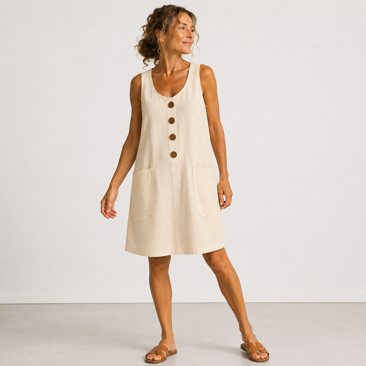 Vestido de algodón y lino sin mangas beige con botones de madera y bolsillos laterales