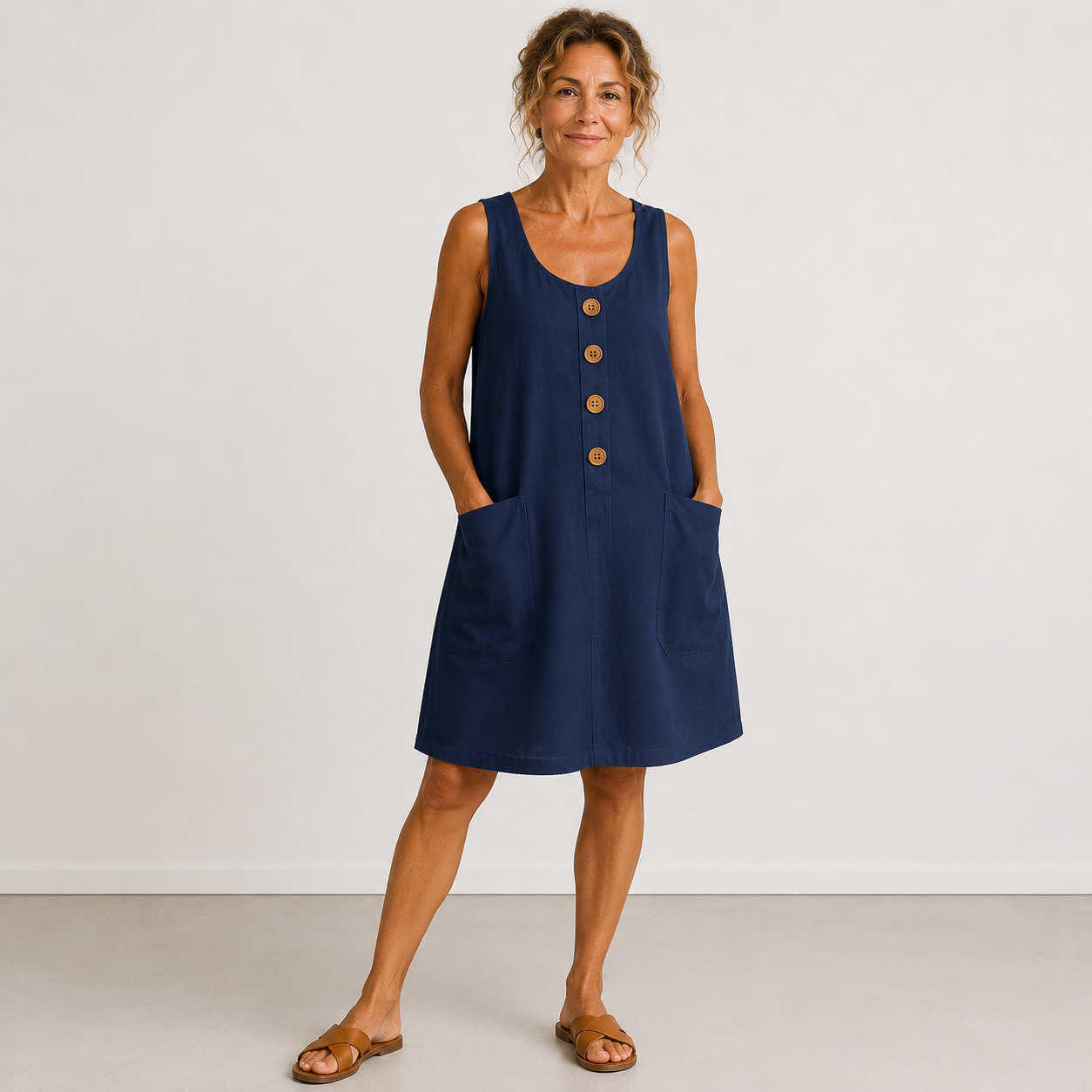 Vestido de algodón y lino sin mangas azul marino con botones de madera y bolsillos