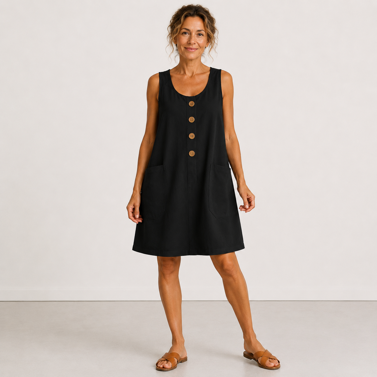 Vestido de algodón y lino sin mangas negro con botones de madera y bolsillos laterales