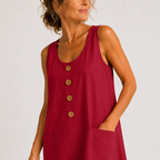 Vestido de algodón y lino rojo vino sin mangas con botones de madera y bolsillos laterales