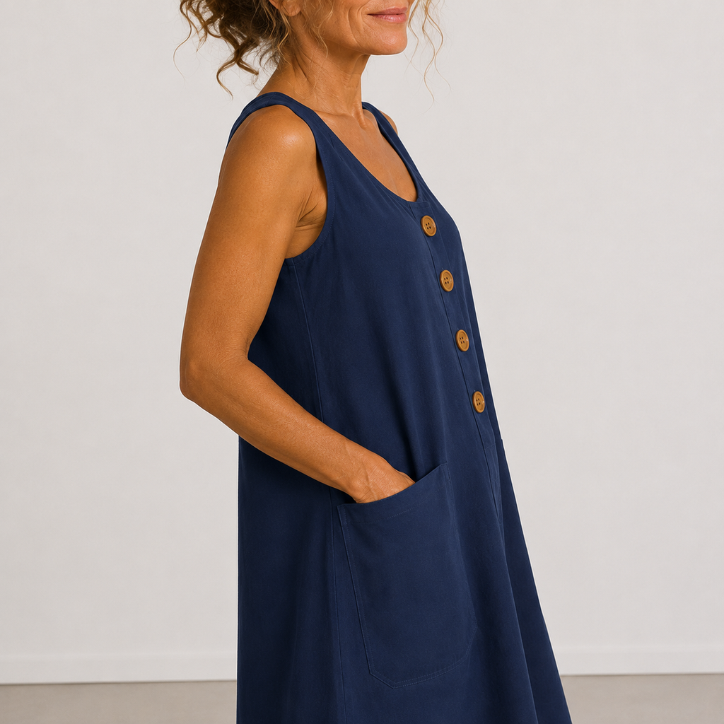 Vestido de algodón y lino azul marino sin mangas con botones de madera y bolsillos