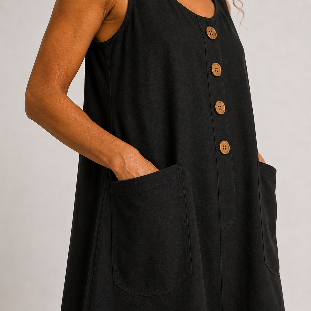 Vestido de algodón y lino negro sin mangas con botones de madera y bolsillos delanteros
