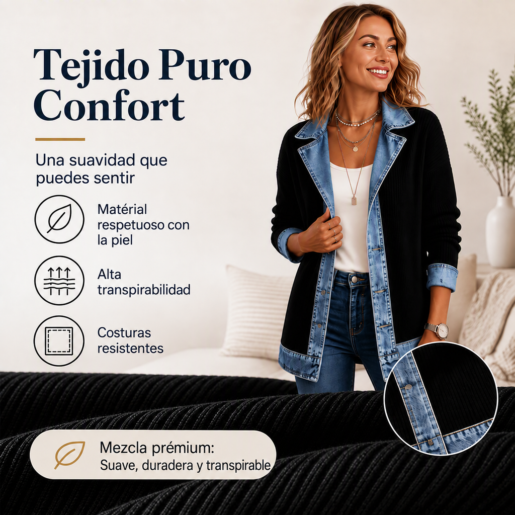 Natalia | Elegante abrigo de punto acanalado para mujer con paneles vaqueros