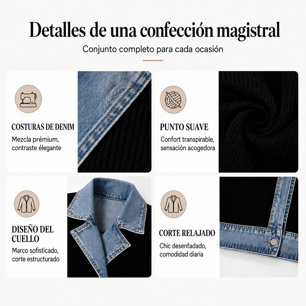 Natalia | Elegante abrigo de punto acanalado para mujer con paneles vaqueros