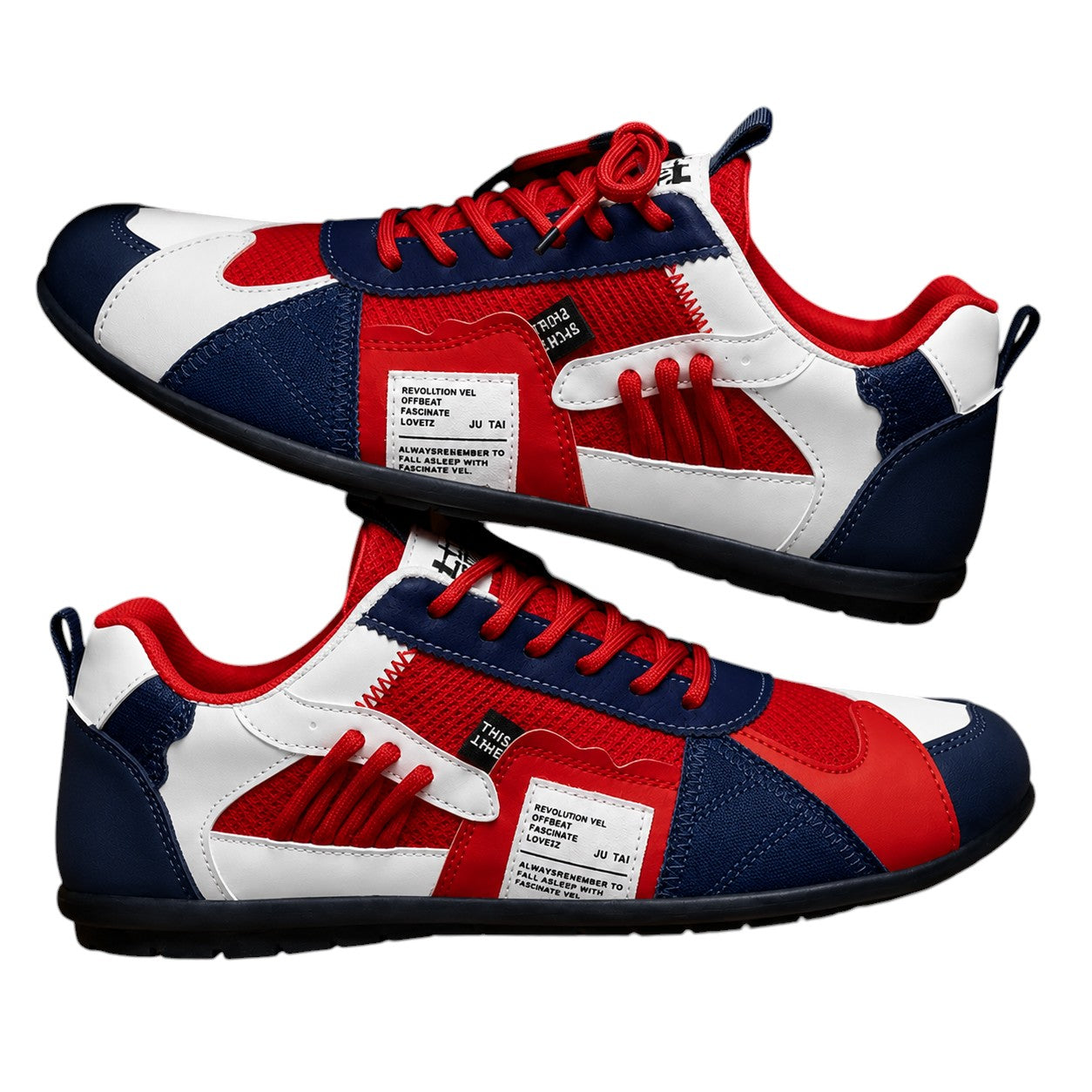 Zapatillas retro blancas y azules con paneles rojos, cordones rojos y suela negra.
