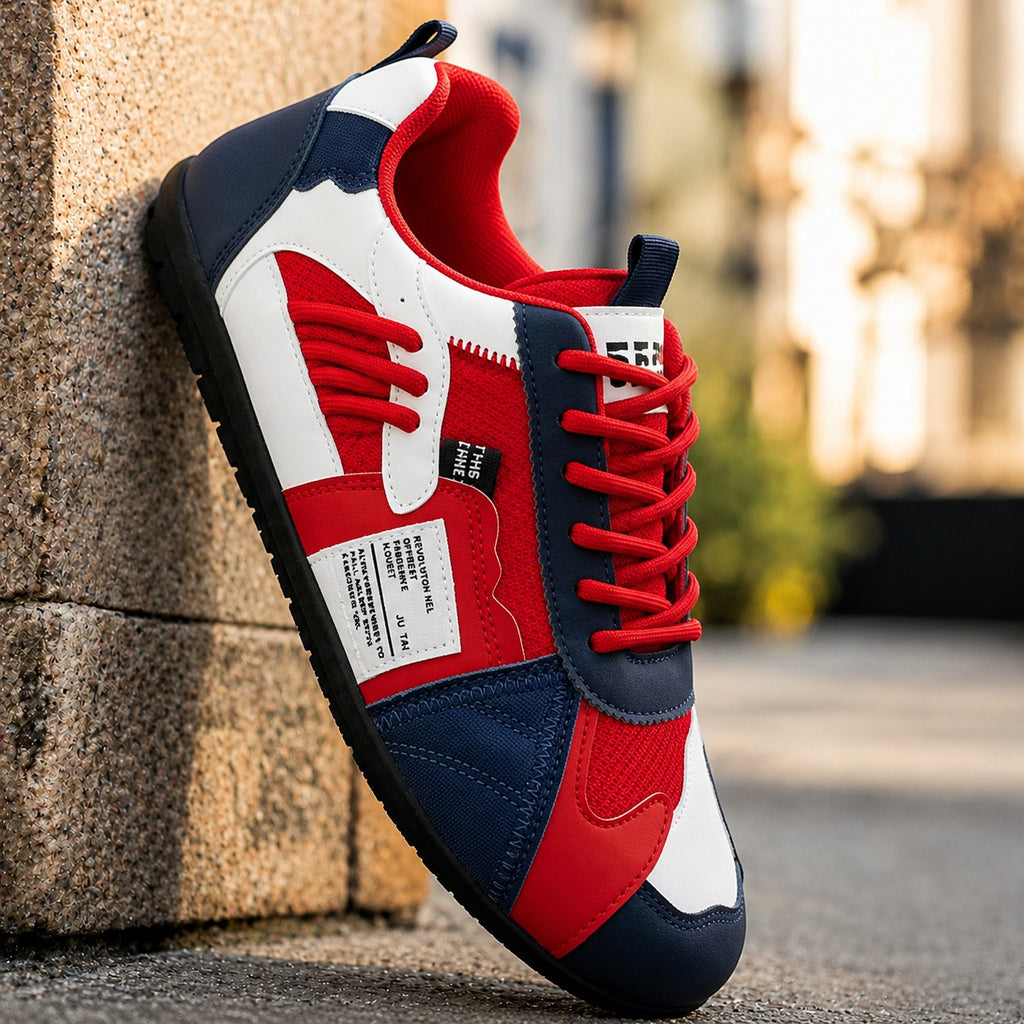 Zapatillas retro blancas con paneles rojo y azul marino, cordones rojos.