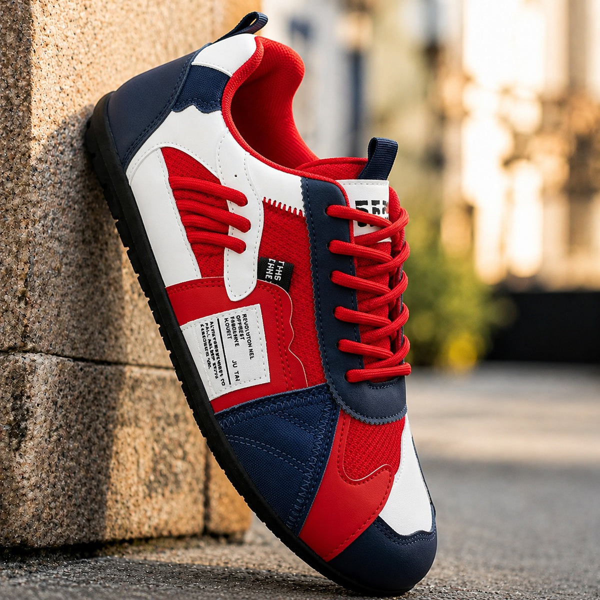 Zapatillas retro blancas con paneles rojo y azul marino, cordones rojos.