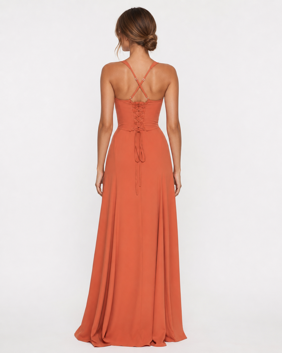 Vestido largo tipo corsé Golden Hour naranja, espalda con cordón y tiras cruzadas