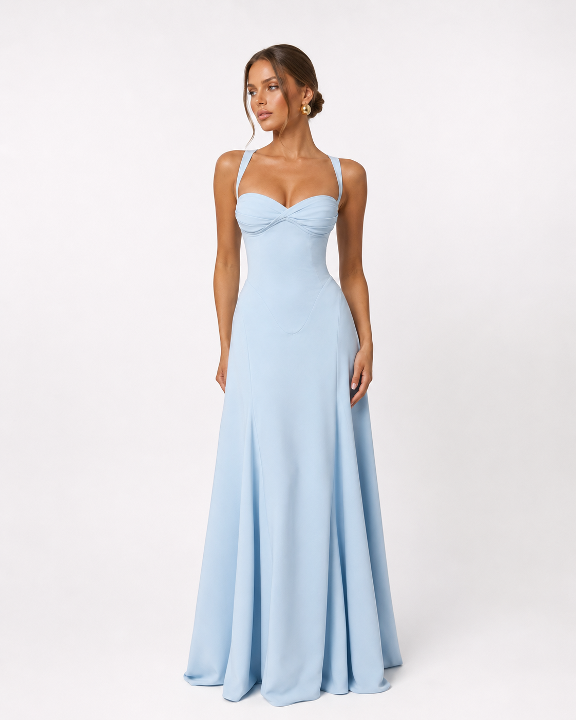 Vestido largo tipo corsé Golden Hour azul claro, escote corazón y tirantes finos