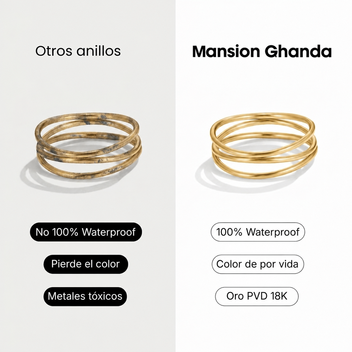 Set de anillos en capas plateados y dorados, Mansion Ghanda; 100% y no 100% waterproof