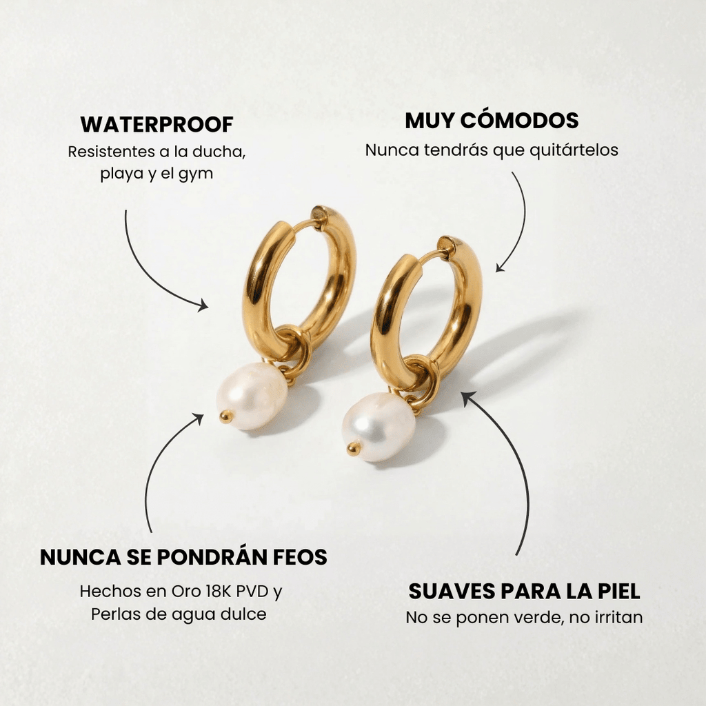 Aros dorados de argolla con perla blanca colgante, diseño con dos piezas