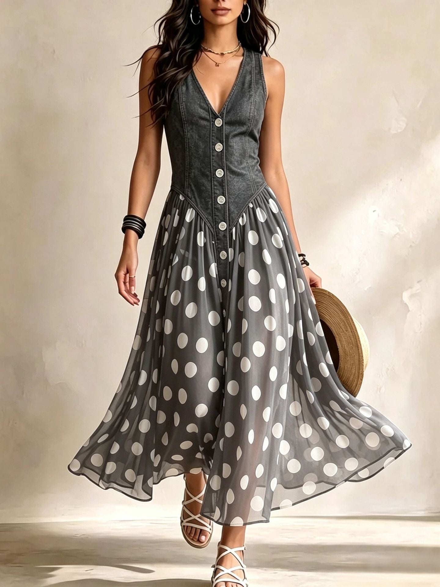 Adeline | Vestido largo vaquero de lunares