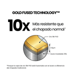 Infografía "GOLDFUSED TECHNOLOGY" 10X con capas de oro y acero