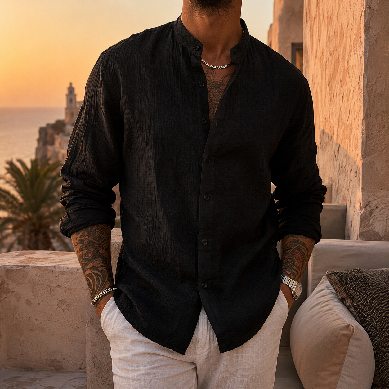 Camisa de lino negra con botones delanteros y cuello mao, manga larga.