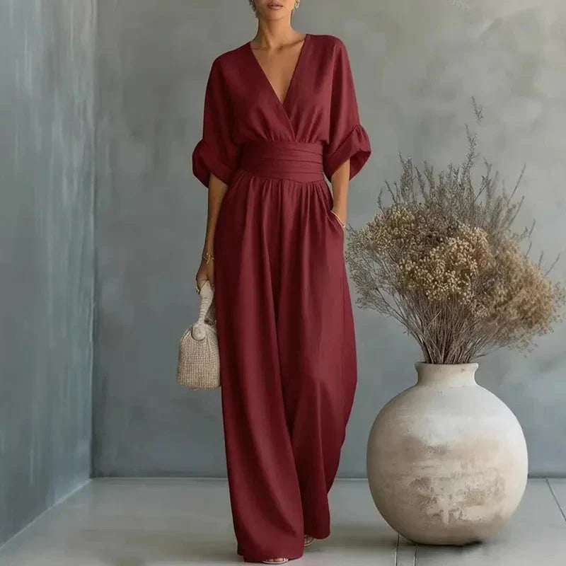 Mono largo rojo vino de lino y gasa, cuello V y cinturón fruncido, manga kimono
