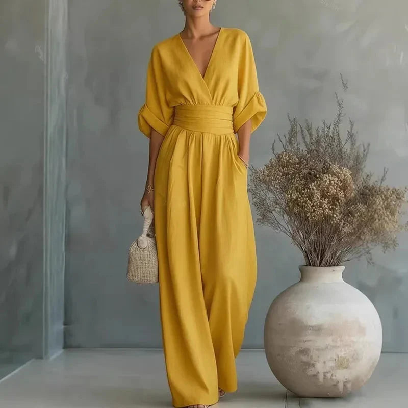 Mono largo amarillo de lino y gasa, cuello V y cinturón fruncido, manga kimono