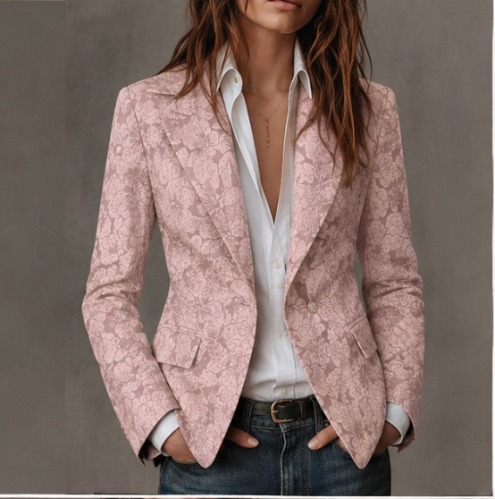 Blazer de jacquard rosa empolvado con solapa, bolsillos con ribete y botón