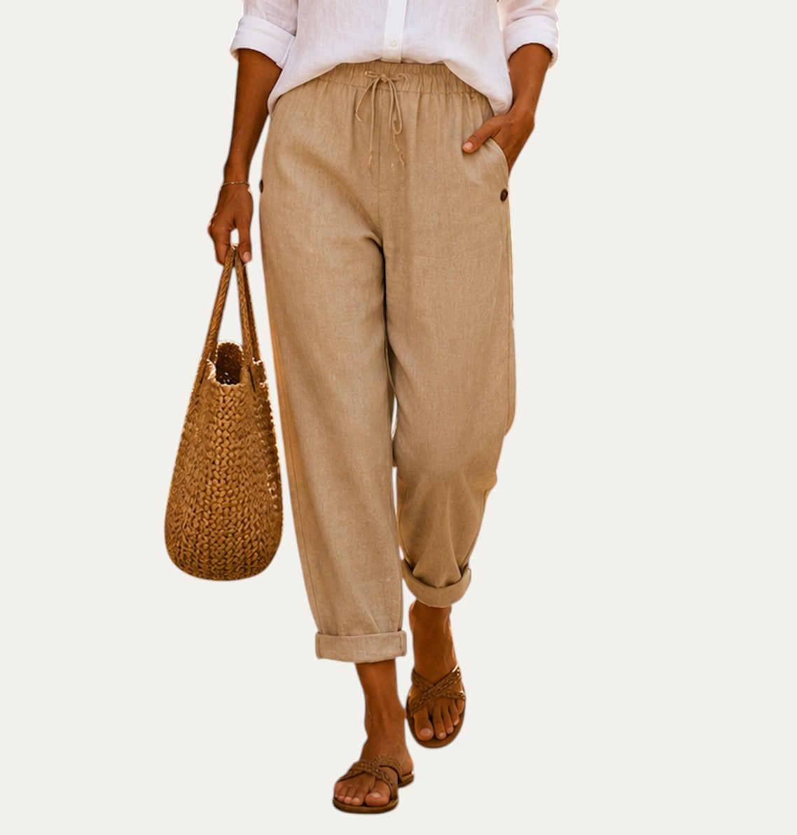 Pantalones de lino ligeros beige con bolsillos, botones y cordón en la cintura