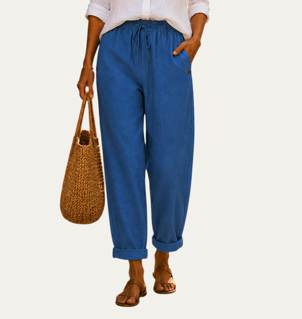 Pantalones de lino ligeros azules con cordón en la cintura y puños fruncidos