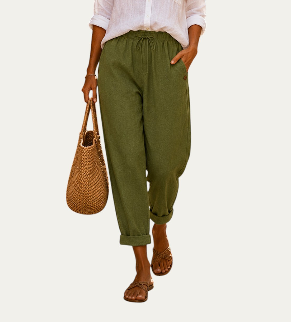 Pantalones de lino ligeros verde con cordón en la cintura y puños en el bajo