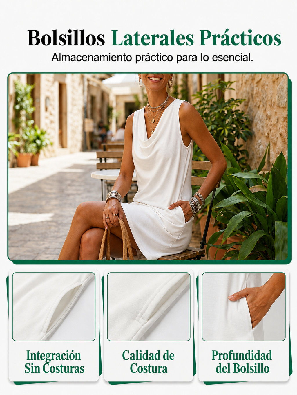 Vestido corto blanco sin mangas con bolsillos laterales, escote drapeado