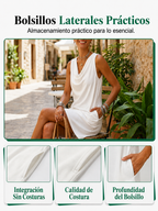 Vestido corto blanco sin mangas con bolsillos laterales, escote drapeado
