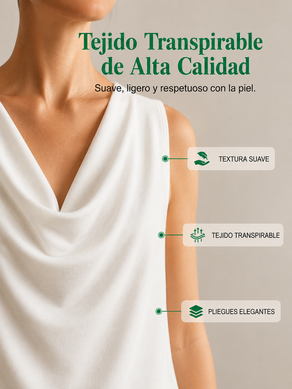 Vestido corto blanco sin mangas con escote drapeado y tela lisa