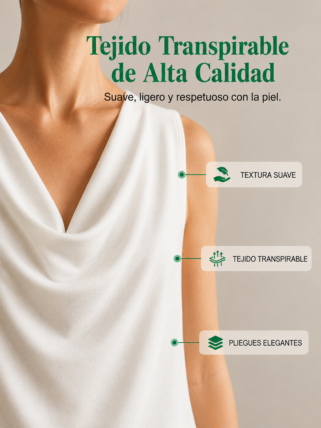 Vestido corto blanco sin mangas con escote drapeado y tela lisa