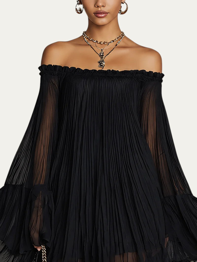 Minivestido negro con escote sin hombros y mangas largas de volantes