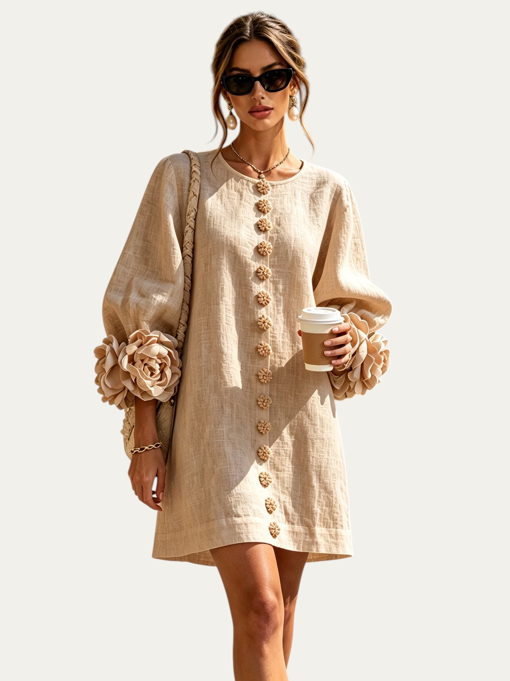 Minivestido beige de lino con botones frontales, bordado floral y mangas abullonadas con puños flor