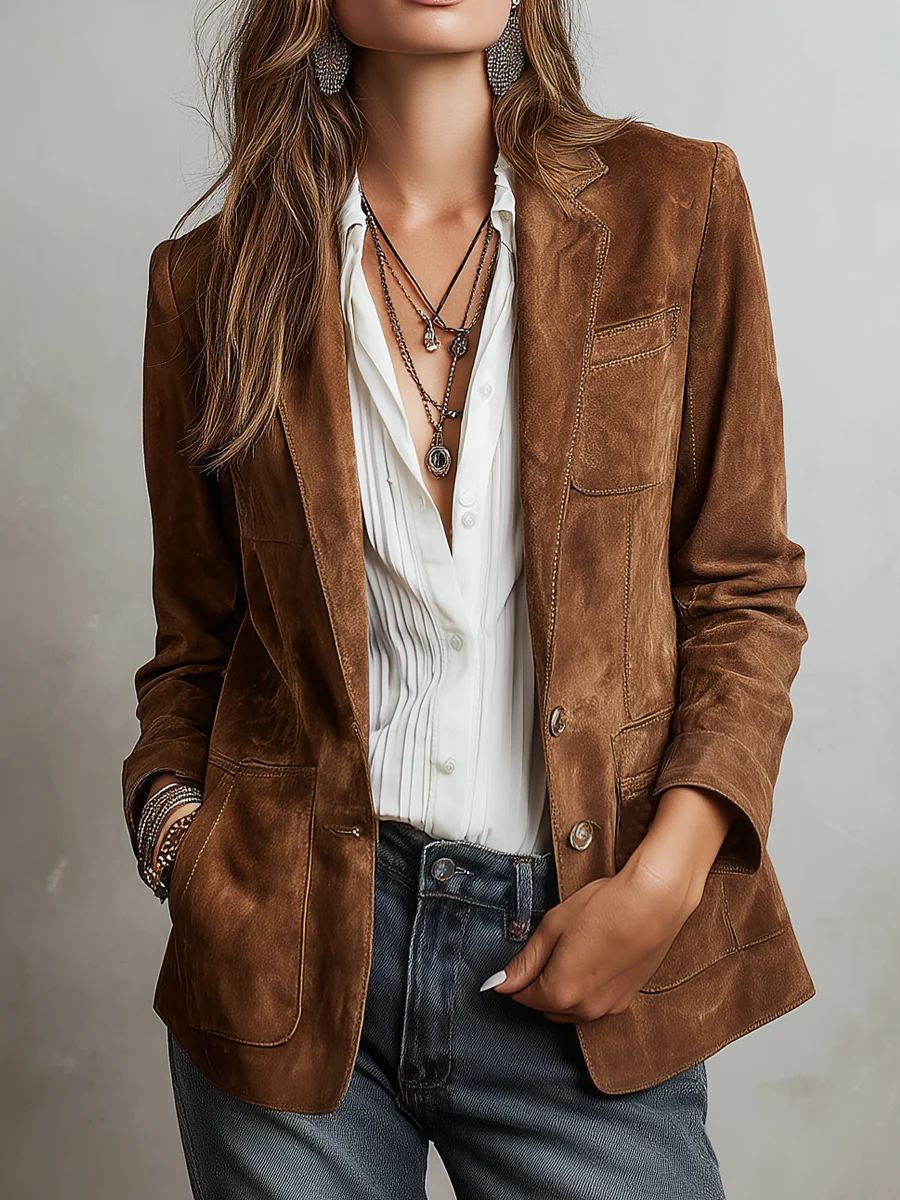 Blazer de ante marrón con solapa, botones y bolsillos delanteros.