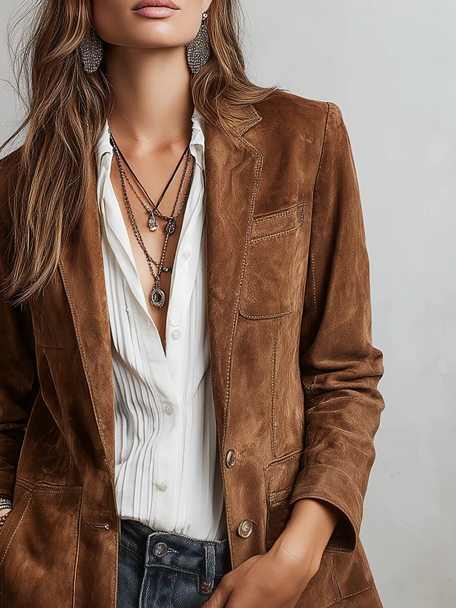 Blazer de ante marrón con solapa y cierre con botones, estilo clásico.