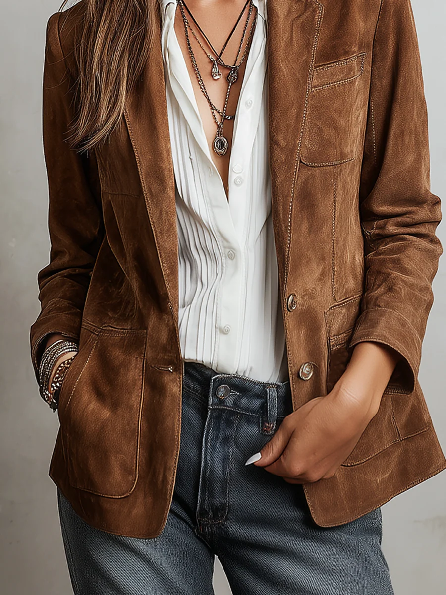 Blazer de ante marrón con bolsillos con solapa y puño con costuras visibles.