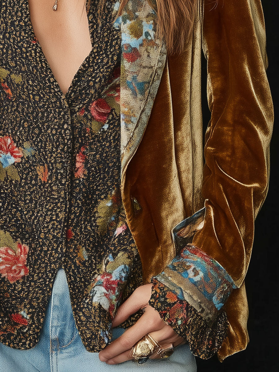 Blazer vintage marrón con mangas aterciopeladas y bajo con panel floral