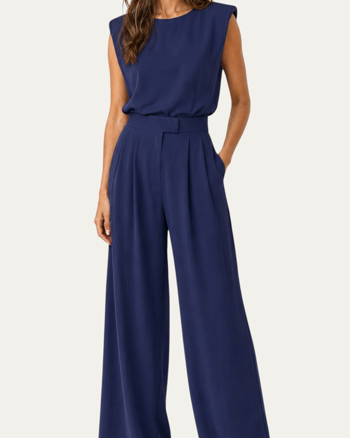 Conjunto Valentina azul marino: blusa sin mangas y pantalón ancho de tiro alto con cinturón