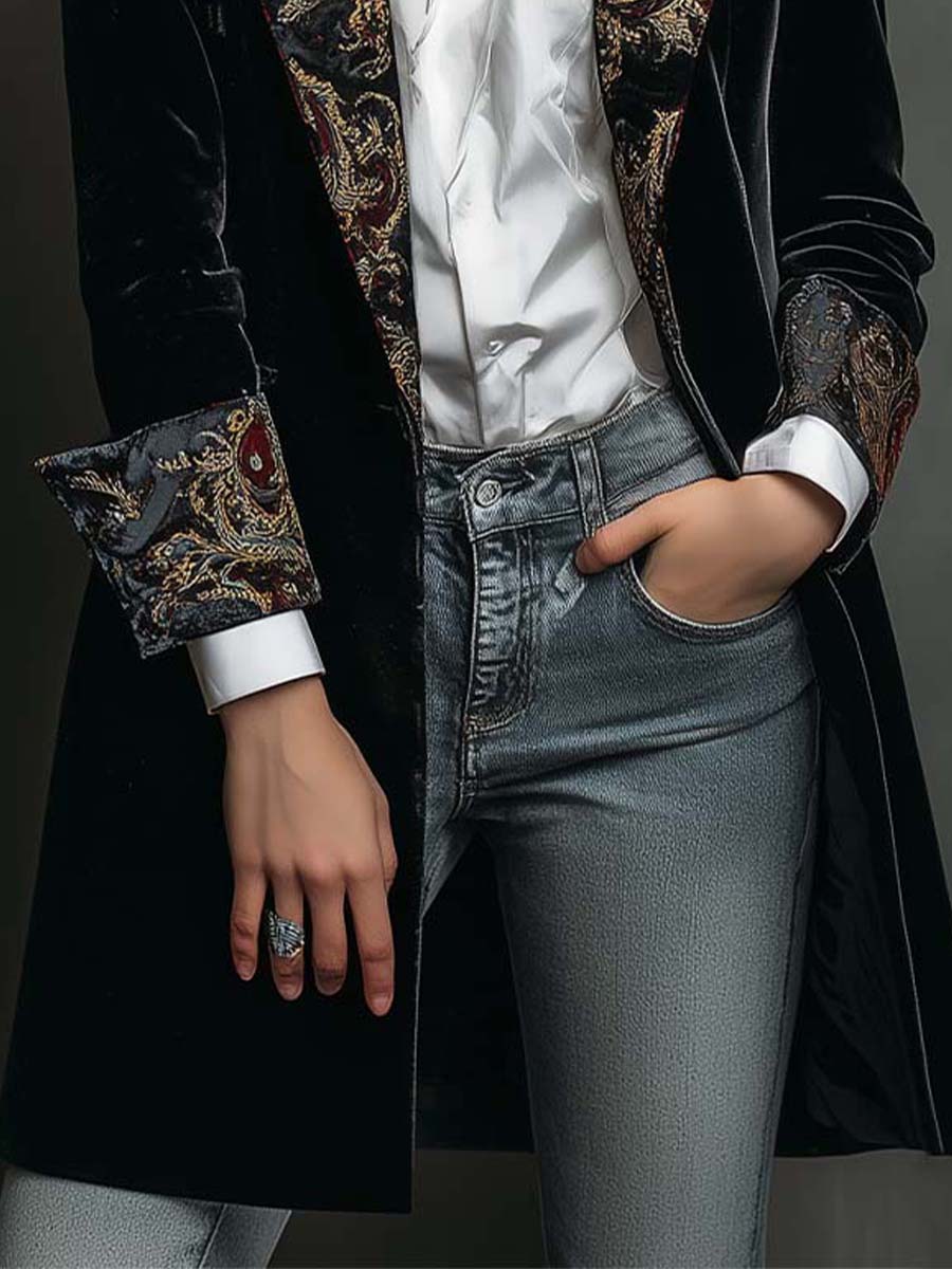 Blazer negro con puños y bolsillo de estampado barroco multicolor